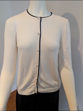 Zara Pearl-Button Cardigan with Black Trim